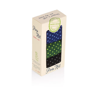 Coffret de 3 paires de Chaussettes Bambou fin Anneaux et Pois Vert foncé Bleu foncé Noir