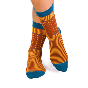 Chaussettes Bambou fin Anneaux et Pois Marron Jaune