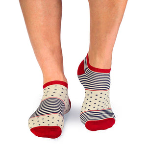Socquettes Bambou fin Anneaux et Pois Ecru bleu foncé